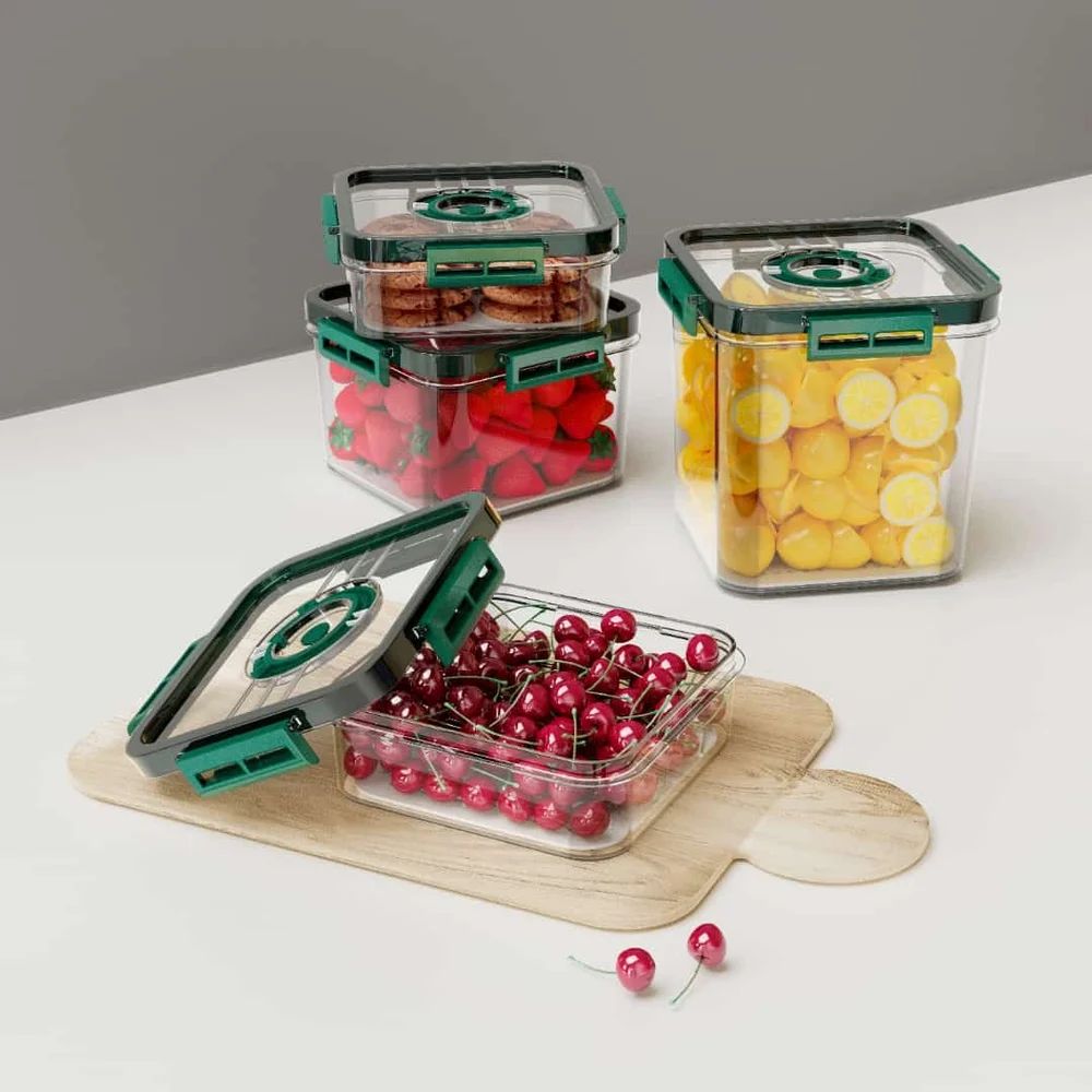 Airtight Kitchen Storage Containers Set of 3 | With Time & Date Dial Lid | 2100ml + 1400ml + 700ml | BPA-Free Refrigerator Organizer Bins (Dark Green)