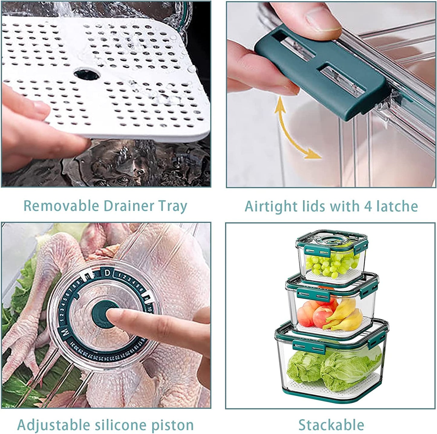 Airtight Kitchen Storage Containers Set of 3 | With Time & Date Dial Lid | 2100ml + 1400ml + 700ml | BPA-Free Refrigerator Organizer Bins (Dark Green)