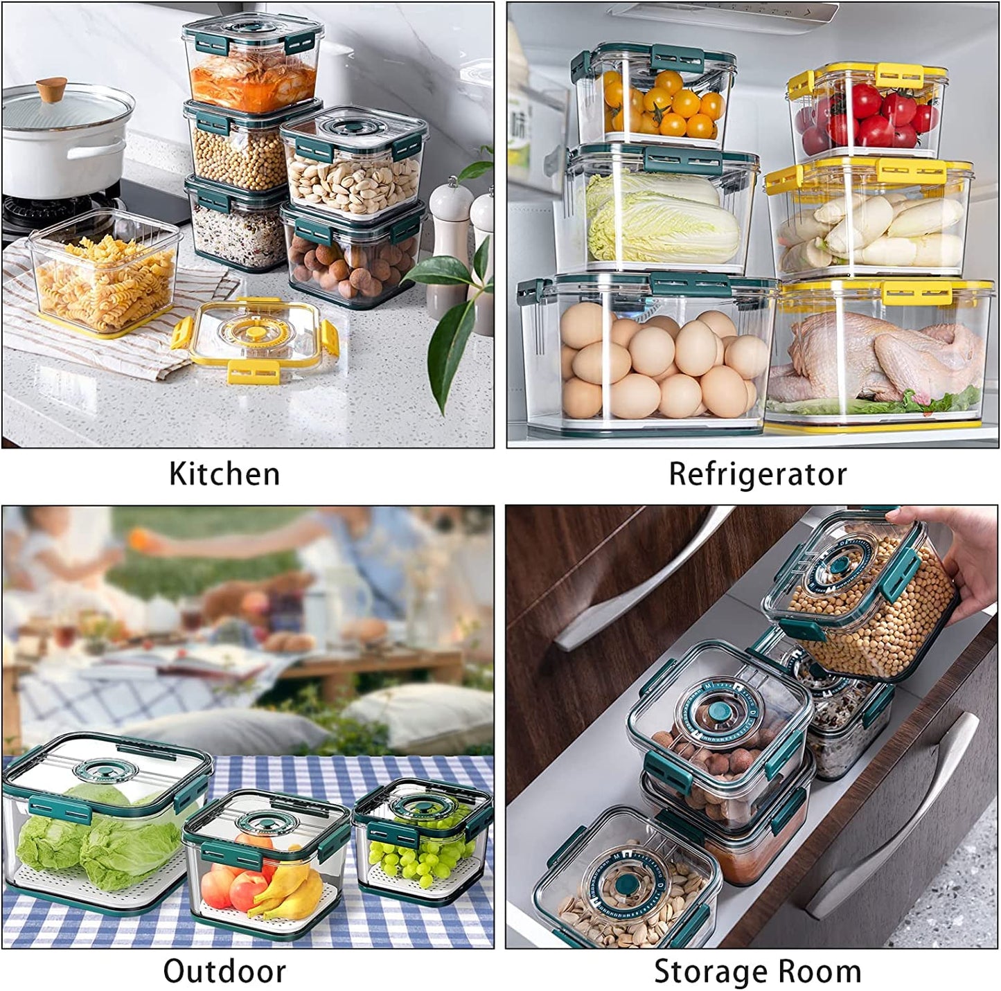 Airtight Kitchen Storage Containers Set of 3 | With Time & Date Dial Lid | 2100ml + 1400ml + 700ml | BPA-Free Refrigerator Organizer Bins (Dark Green)