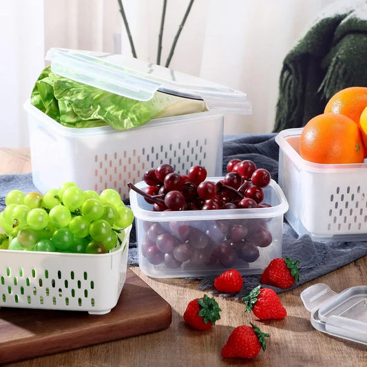 Airtight Fridge Containers with Drain Basket & Lid | Pack of 3 (White)