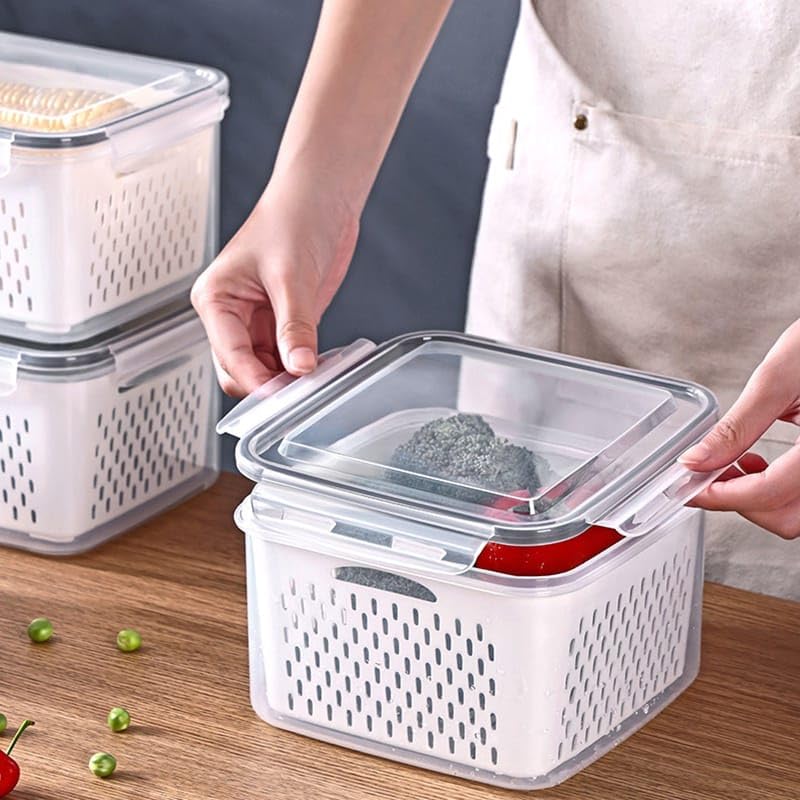 Airtight Fridge Containers with Drain Basket & Lid | Pack of 3 (White)