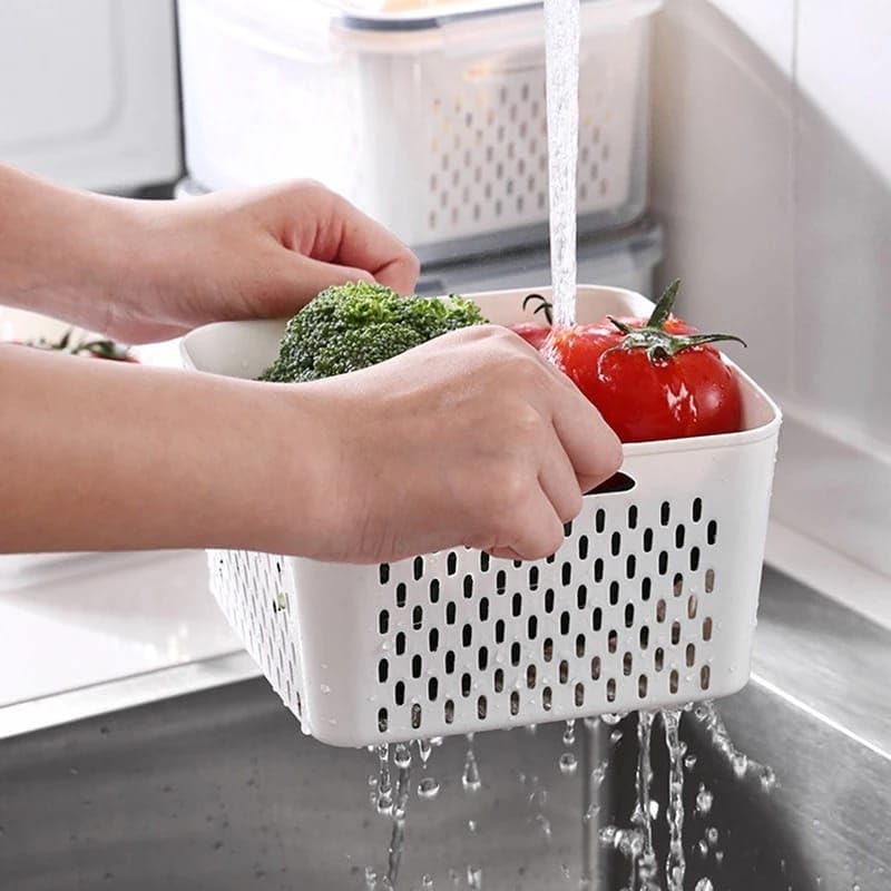 Airtight Fridge Containers with Drain Basket & Lid | Pack of 3 (White)