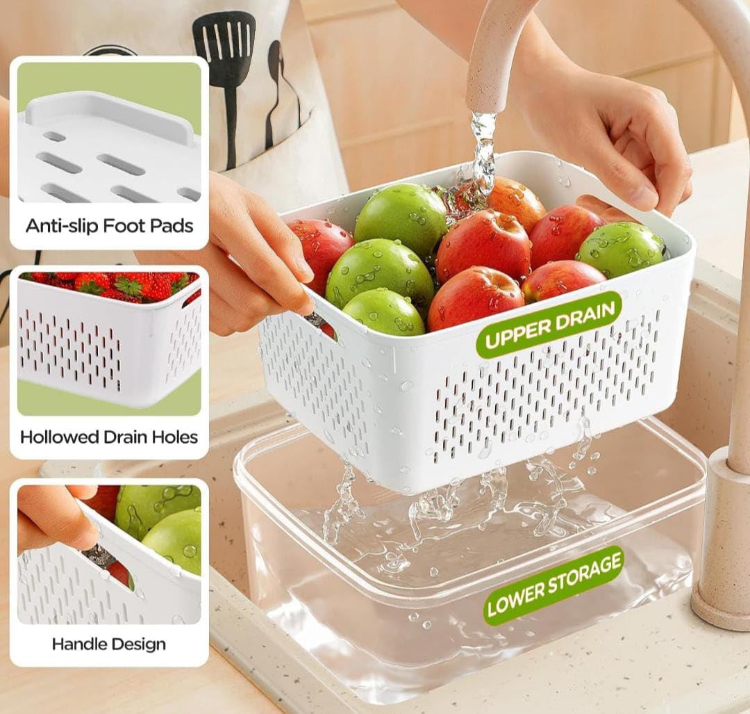 Airtight Fridge Containers with Drain Basket & Lid | Pack of 3 (White)