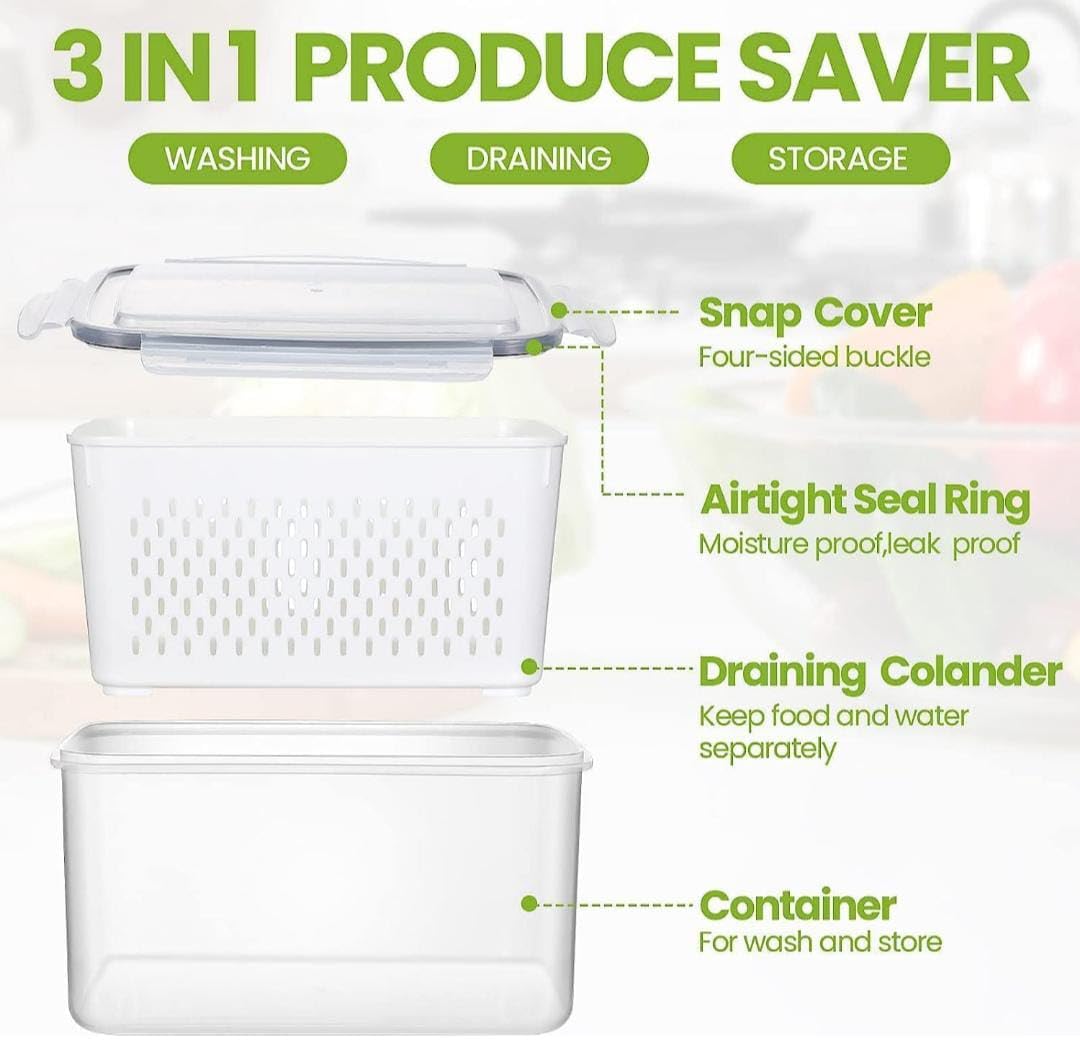 Airtight Fridge Containers with Drain Basket & Lid | Pack of 3 (White)