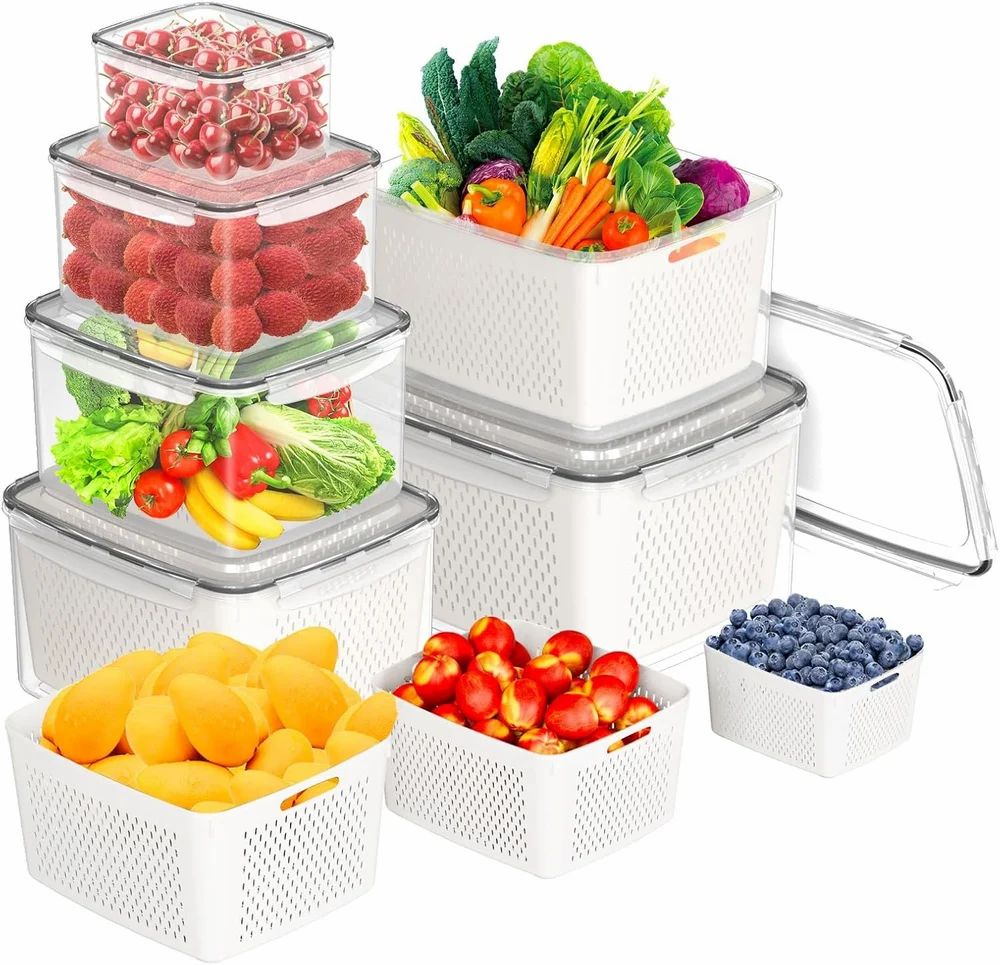 Airtight Fridge Containers with Drain Basket & Lid | Pack of 3 (White)