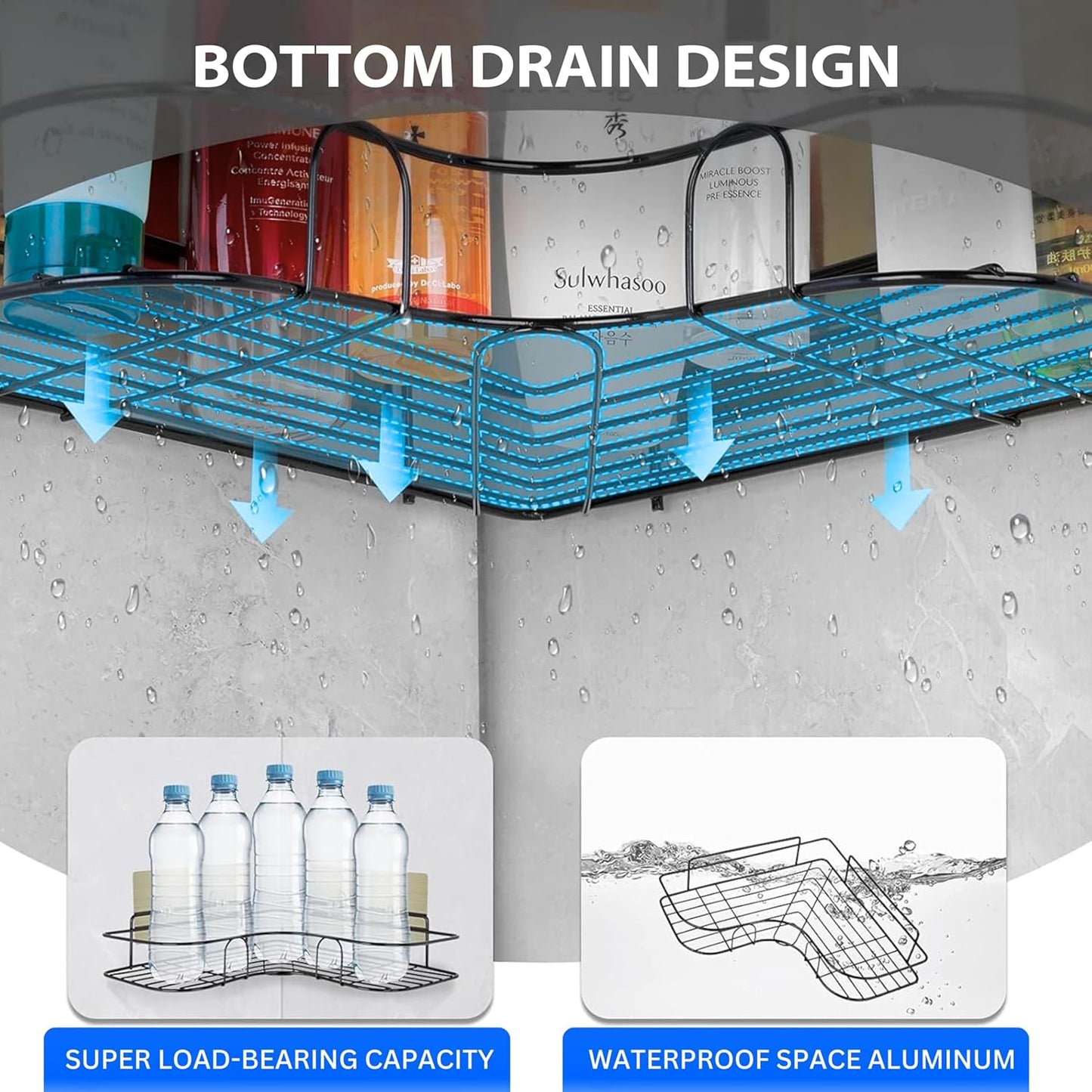 Metal Shower Shelf Without Drilling β 2 Pieces Bathroom Organizer with 4 Adhesive Hooks | Rustproof Corner Storage Rack