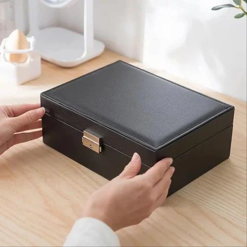 Black PU Leather Jewellery Box – Double Layer Travel Organizer for Rings, Earrings, Necklaces & Bracelets