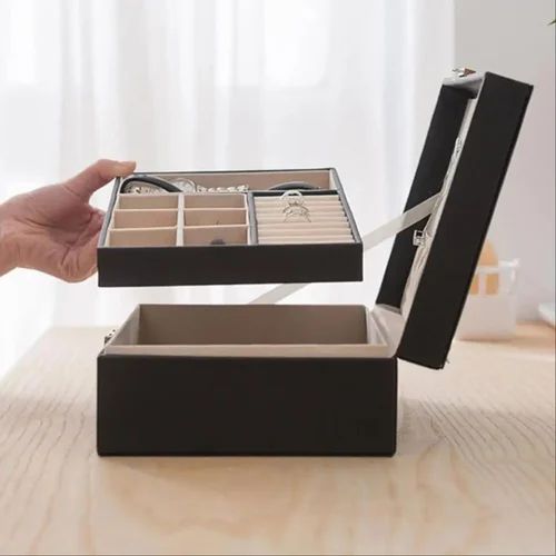 Black PU Leather Jewellery Box – Double Layer Travel Organizer for Rings, Earrings, Necklaces & Bracelets