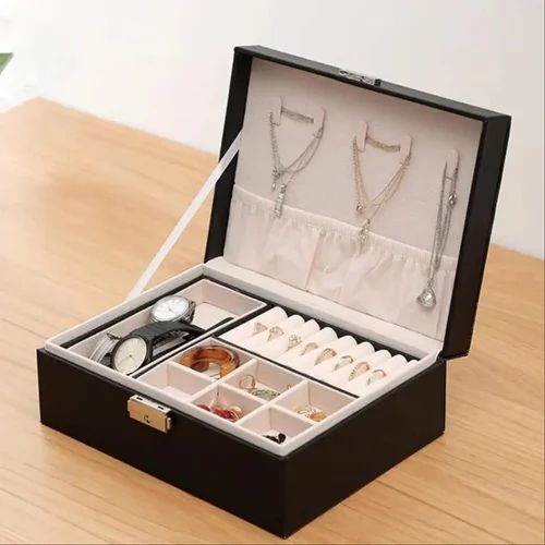 Black PU Leather Jewellery Box β Double Layer Travel Organizer for Rings, Earrings, Necklaces & Bracelets