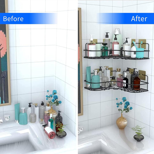 Metal Shower Shelf Without Drilling β 2 Pieces Bathroom Organizer with 4 Adhesive Hooks | Rustproof Corner Storage Rack