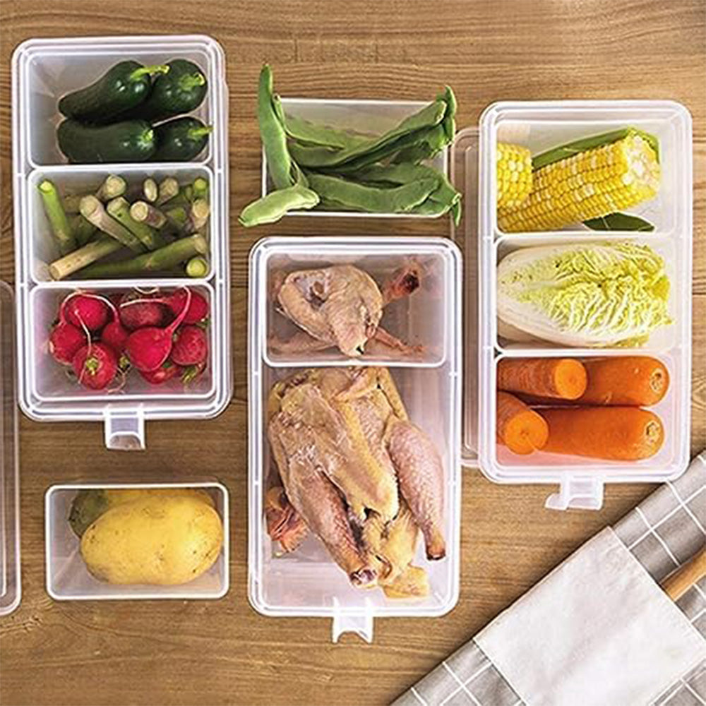 Fridge Storage Container (Pack of 1) | Transparent Organizer with Handle, Lid & 3 Bins |