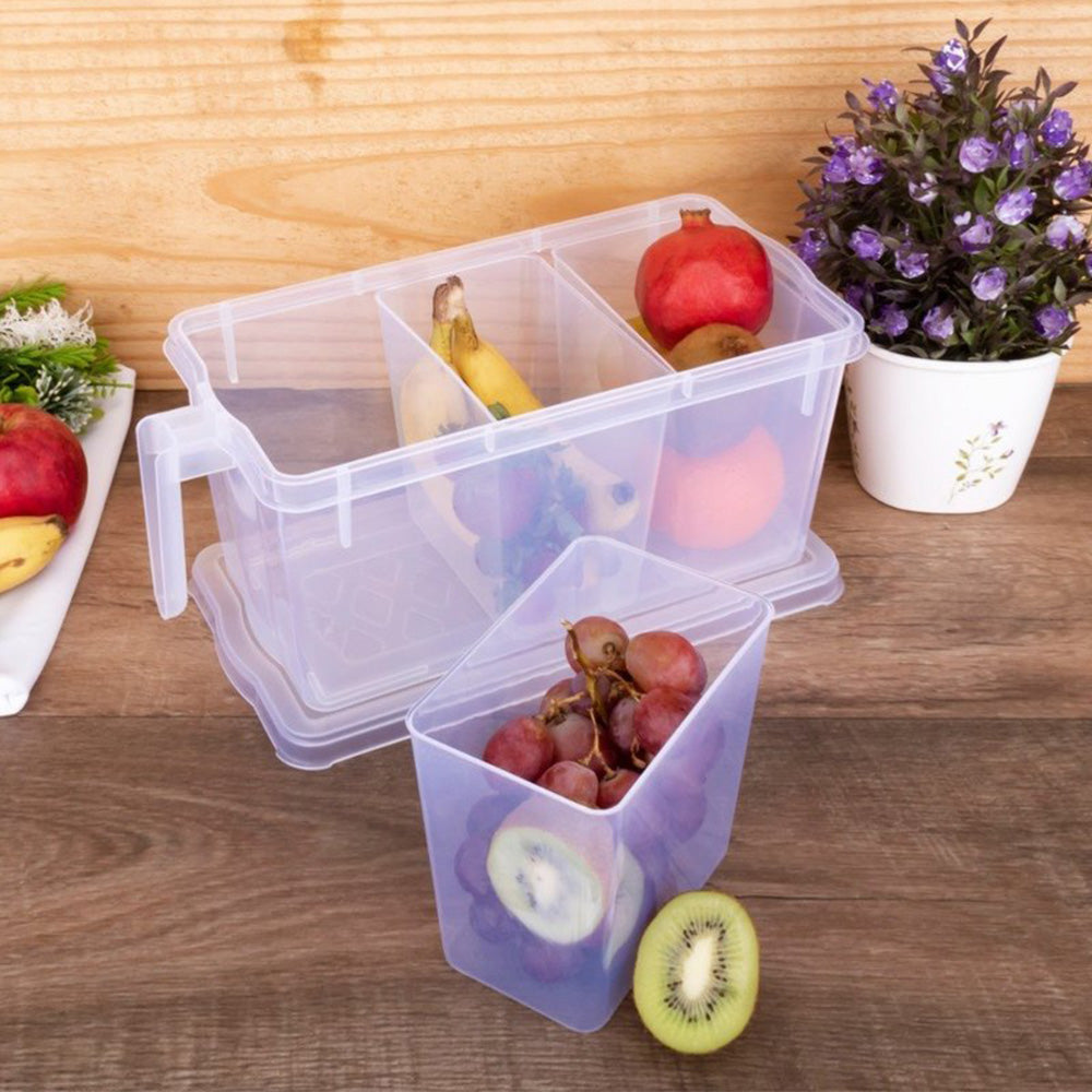 Fridge Storage Container (Pack of 1) | Transparent Organizer with Handle, Lid & 3 Bins |