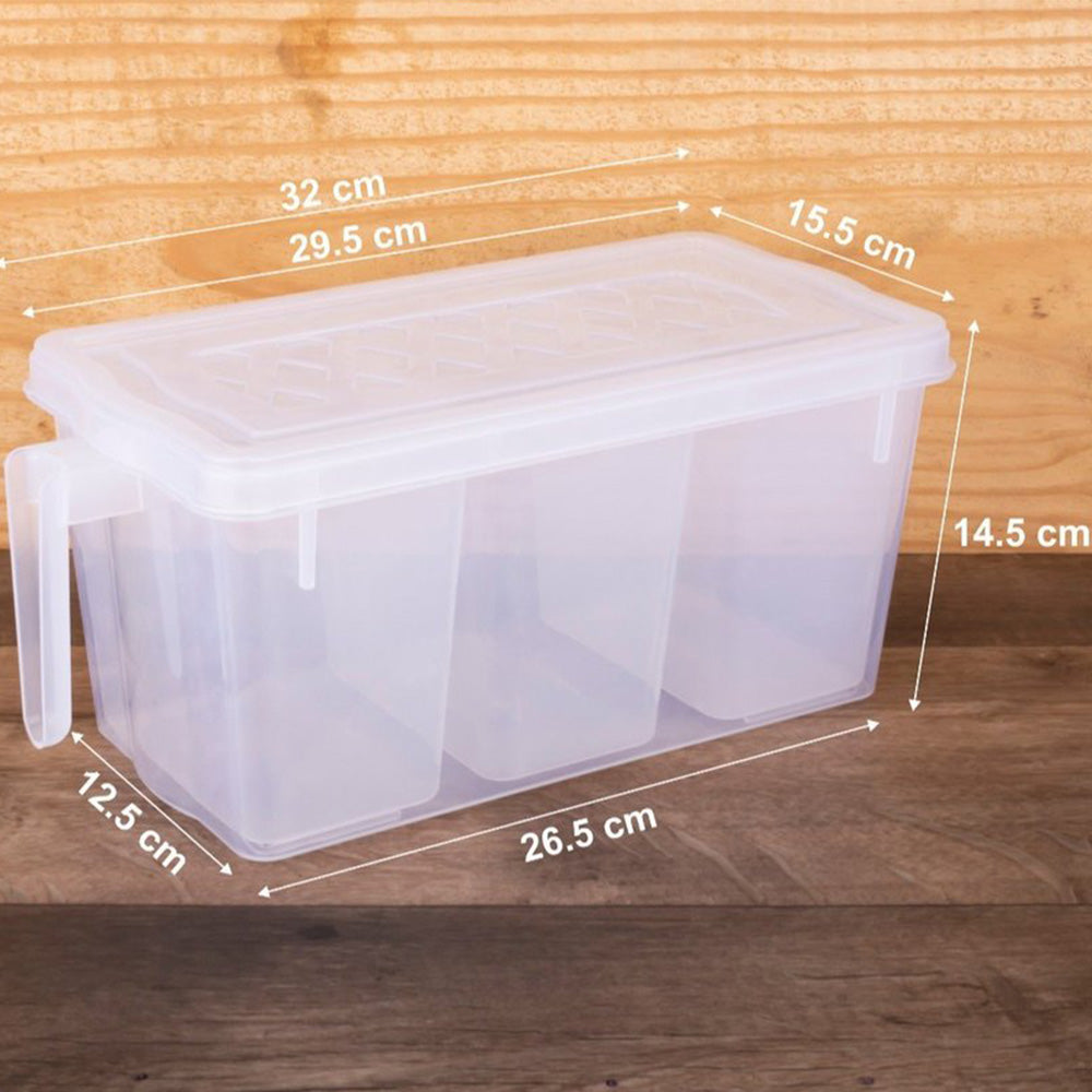 Fridge Storage Container (Pack of 1) | Transparent Organizer with Handle, Lid & 3 Bins |