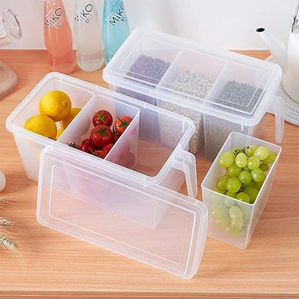 Fridge Storage Container (Pack of 1) | Transparent Organizer with Handle, Lid & 3 Bins |