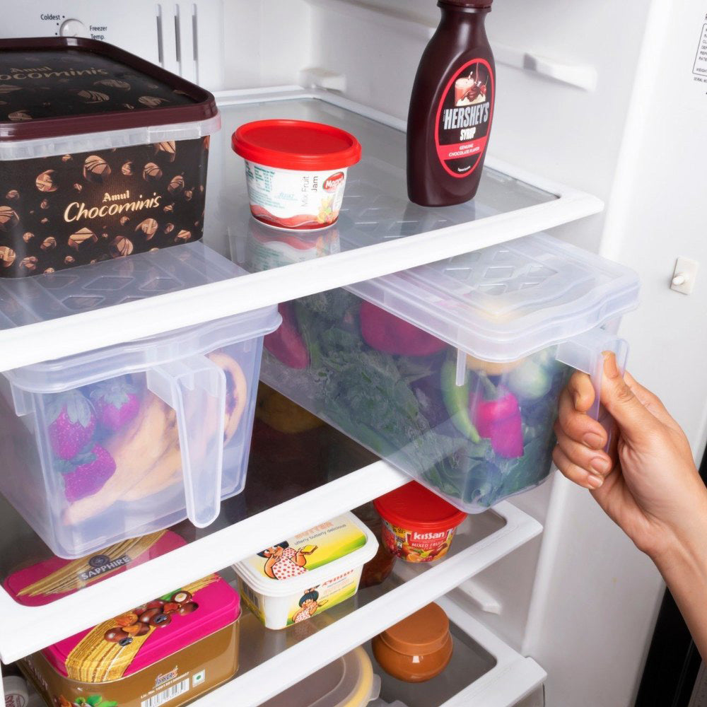 Fridge Storage Container (Pack of 1) | Transparent Organizer with Handle, Lid & 3 Bins |
