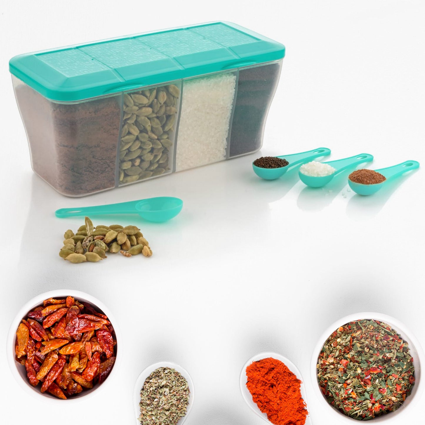 Kitchen Multipurpose Air-tight 4 Sections Storage Containers  Spice/Pickle (Achar) Jar With 4 Spoon For Each Section (1 Pc  Mix Color)