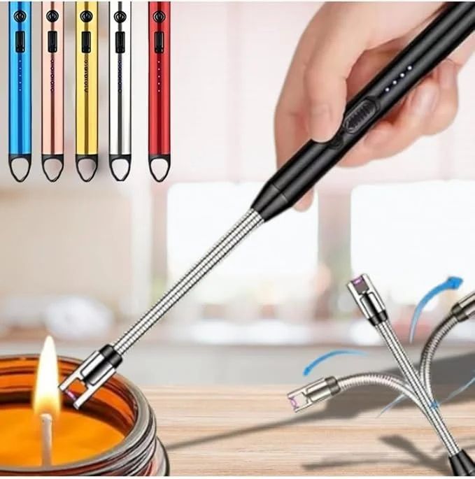 Multifunctional tool with flexible shaft and various attachments, used for tasks like lighting candles.