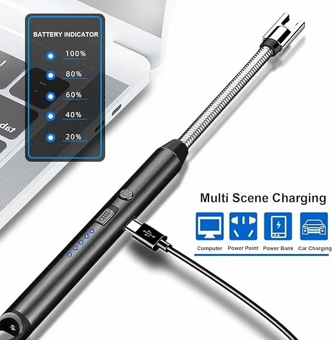 Black electronic device with battery indicator and charging capabilities on a white background
