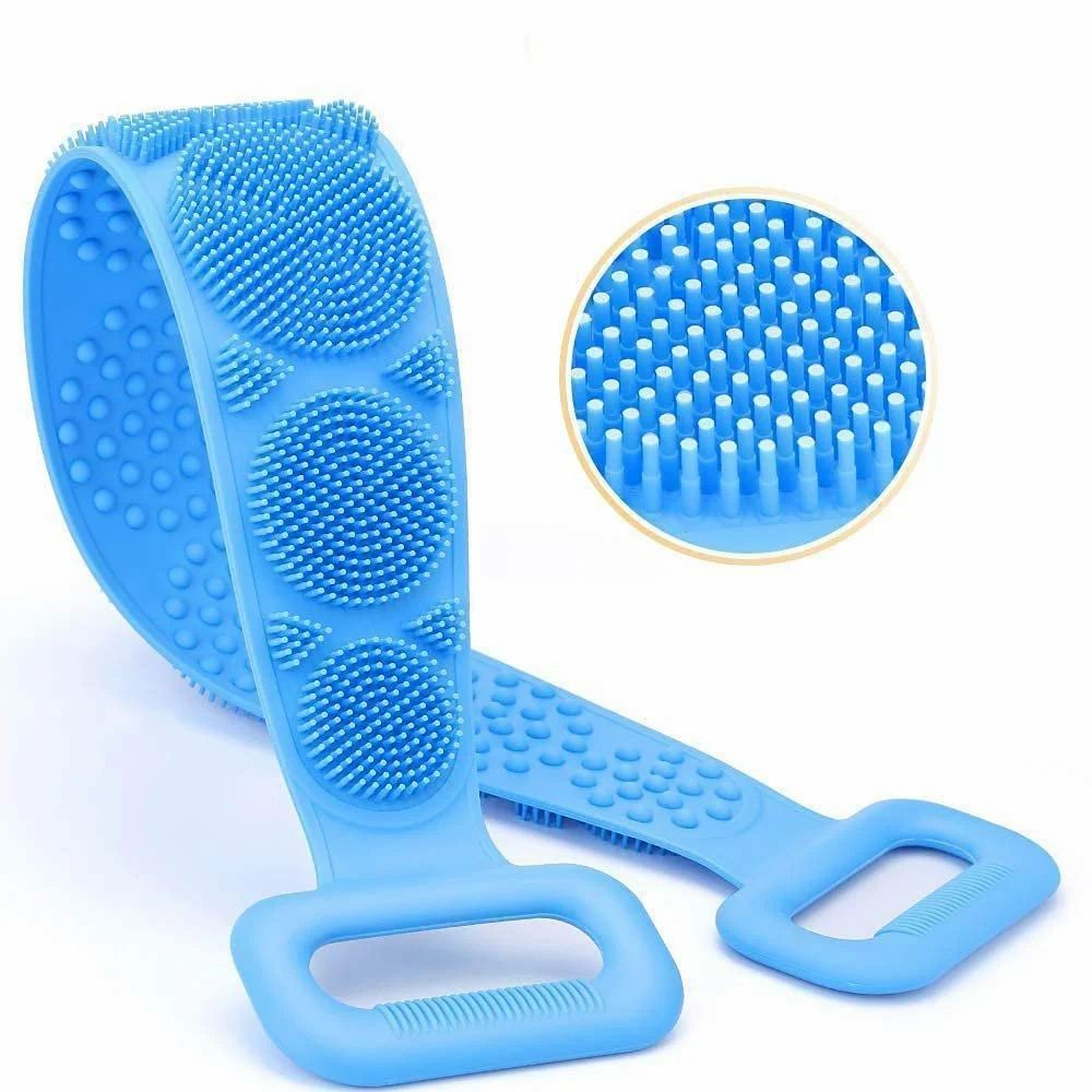 Blue silicone scrubber with textured surface on a white background