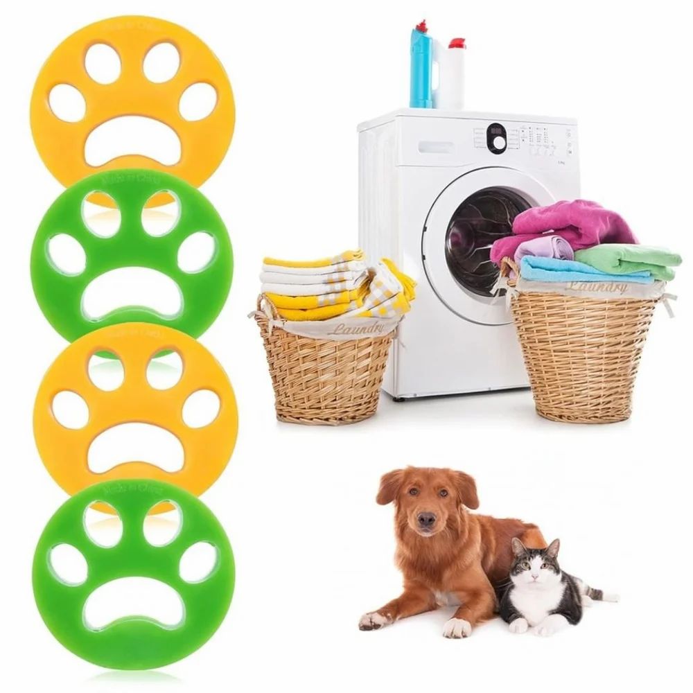 Colorful paw-shaped pet toys with a washing machine, laundry baskets, and pets in the background.