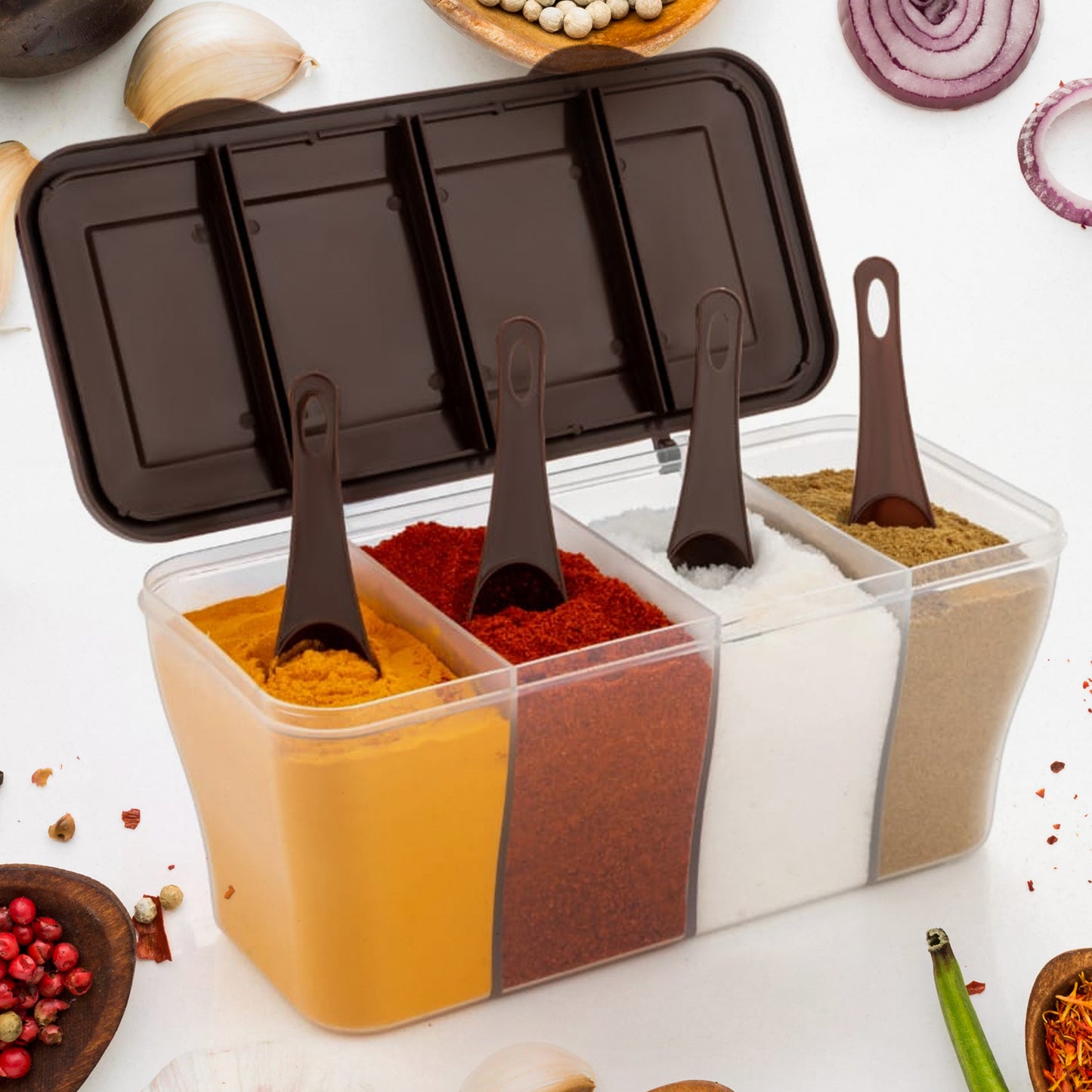 Kitchen Multipurpose Air-tight 4 Sections Storage Containers  Spice/Pickle (Achar) Jar With 4 Spoon For Each Section (1 Pc  Mix Color)