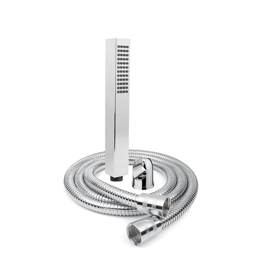 Chrome shower head with hose on a white background