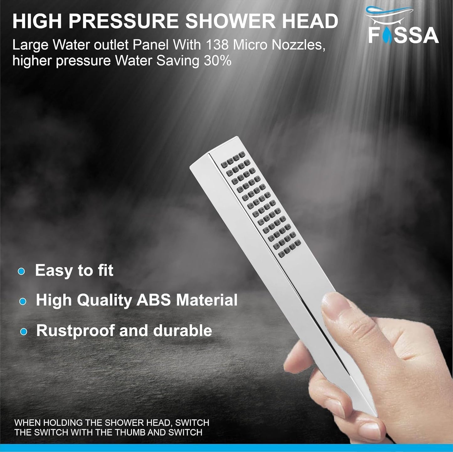 Fossa Hexa Square ABS Hand-Held Shower with 1.5 Mtr Hose Pipe and Wall Hook for Bathroom, High Pressure Shower Set Chrome Finish (Hand Shower Set)