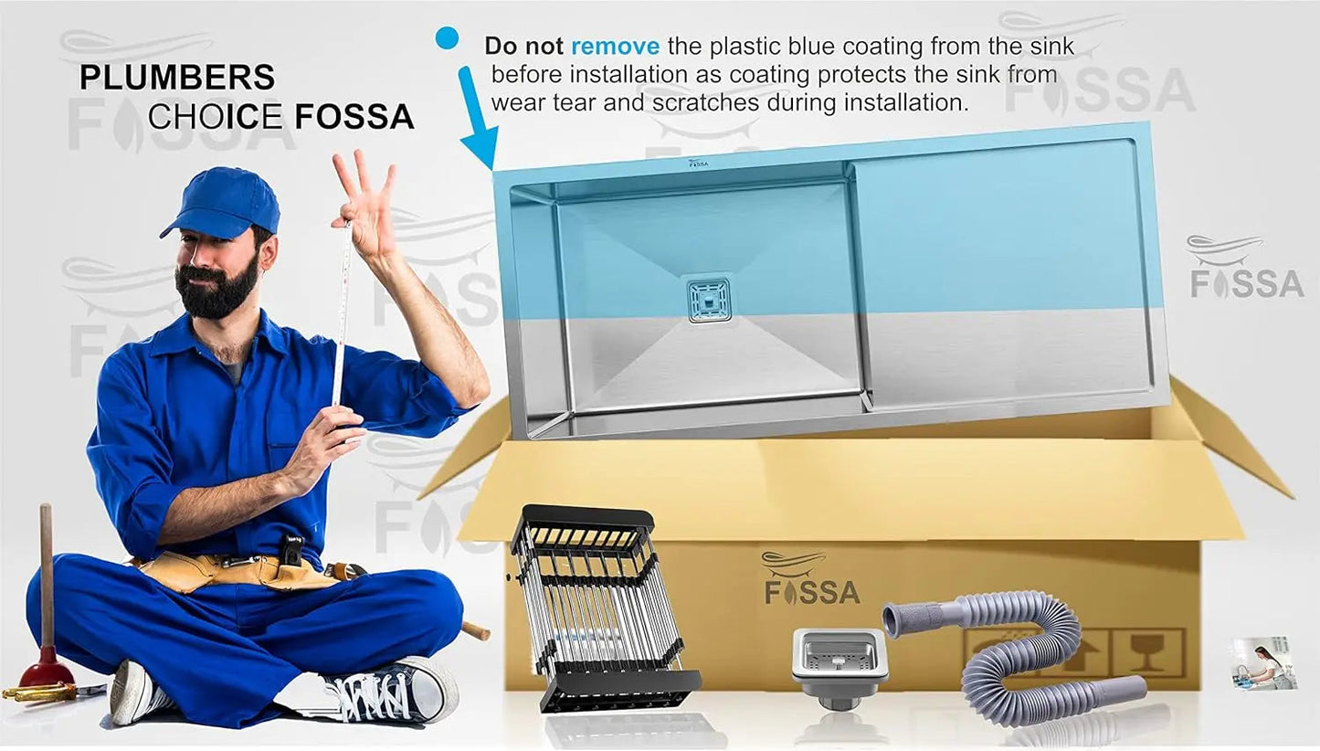 Fossa 40"x18"10" Inch Single Bowl With Drain Board SS-304 Grade Stainless Steel Handmade Kitchen Sink Matte Finish