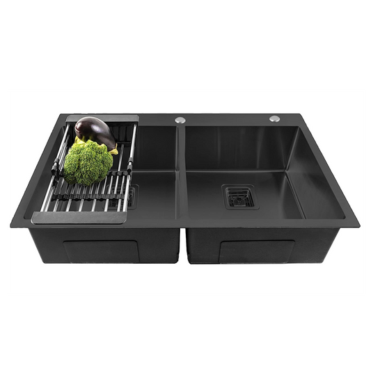 Fossa 45"x20"x10" Double Bowl With Tap Hole 304 Grade Stainless Steel Handmade Kitchen Sink Matte Finish Black