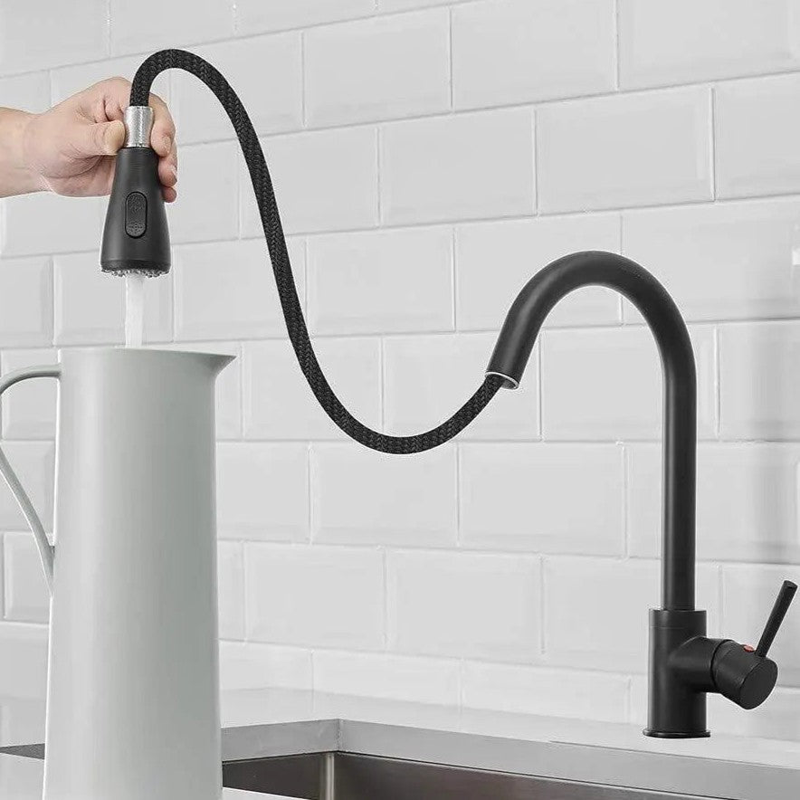 Fossa Kitchen Sink Mixer Tap with Pull Down Sprayer, Single Handle High Pull Out Kitchen Taps, Single Level Stainless Steel Black ( Light Weight )