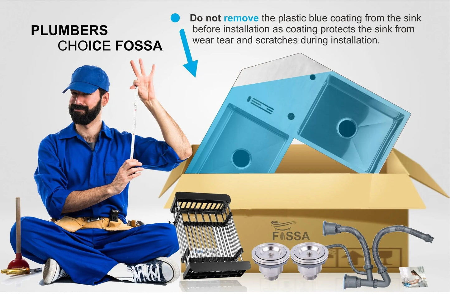 Fossa Corner Sink 36"x36"x10" Double Bowl With Drain Board SS-304 grade Handmade Kitchen Sink