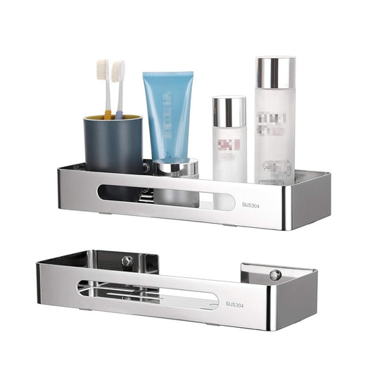 Bathroom shelf with toiletries including toothbrushes and bottles on a white background