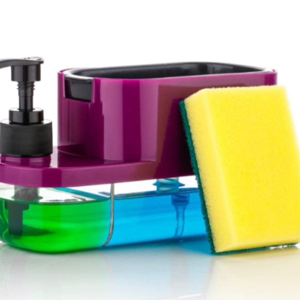 Cleaning tool with purple container, black pump, and yellow sponge on a white background