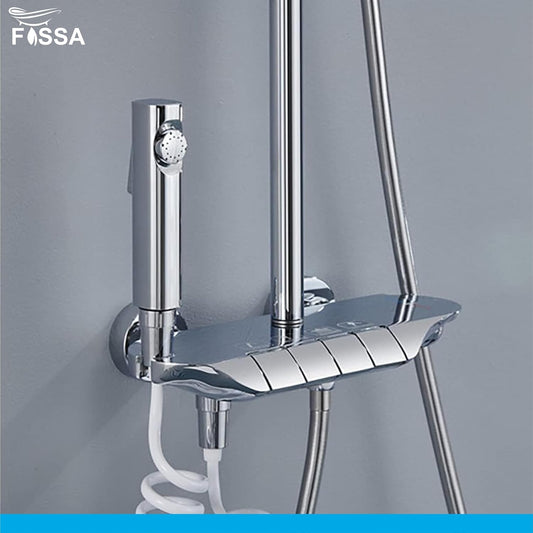 Fossa Shower System Thermostatic Shower Faucet Set Wall Mount Rain Shower Combo Set with Piano and Shower Tub Spout, Handheld Sprayer, 10 Inch Rain Shower Head, Bidet Spray, Chrome Finish