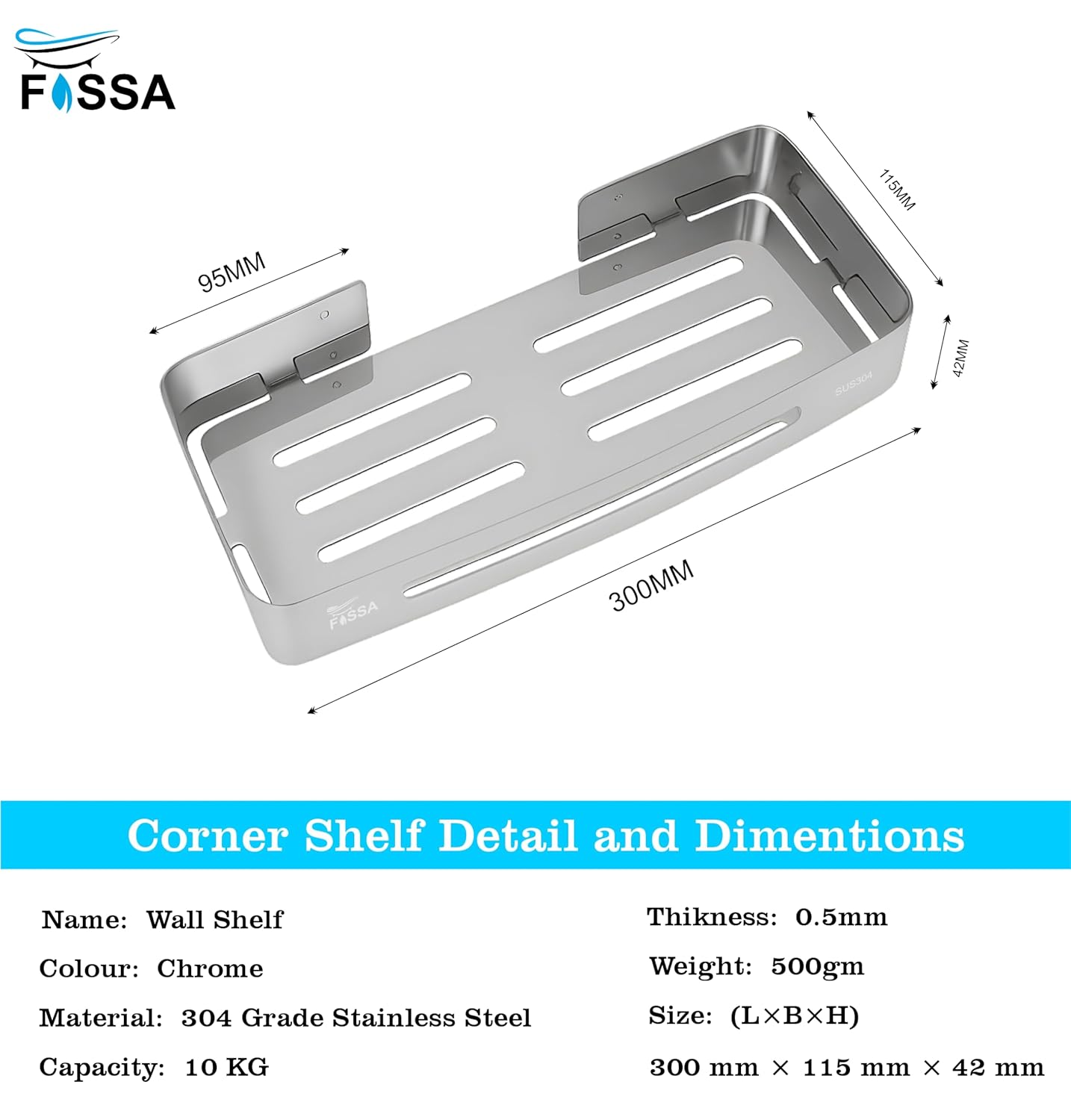 FOSSA Stainless Steel Bathroom Shelf/Kitchen Shelf/Bathroom Shelf and Rack/Wall Storage Shelf/Bathroom Accessories (Silver) 2 Set