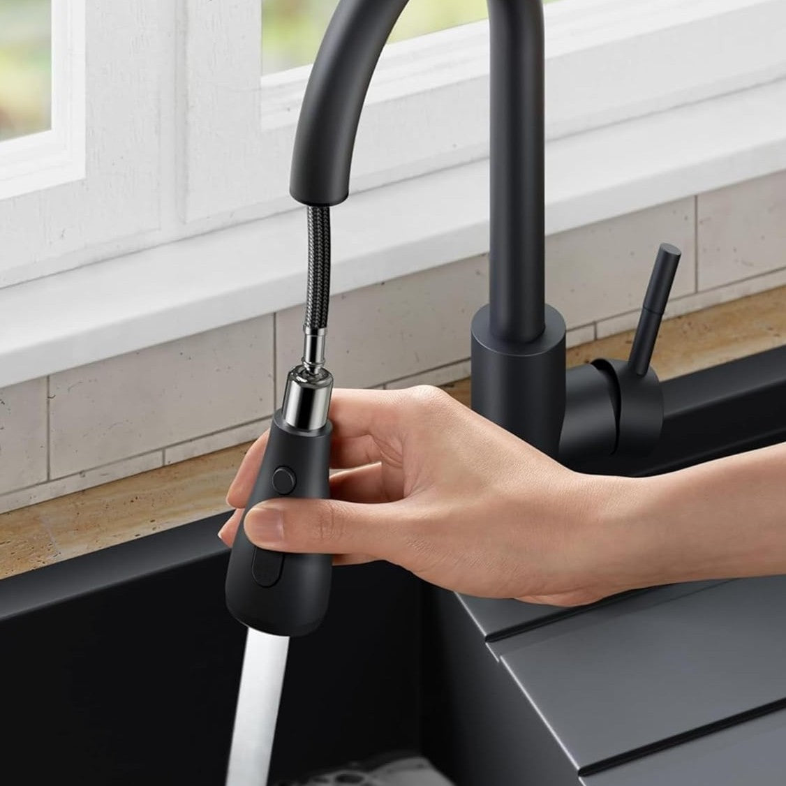 Fossa Kitchen Sink Mixer Tap with Pull Down Sprayer, Single Handle High Pull Out Kitchen Taps, Single Level Stainless Steel Black ( Light Weight )