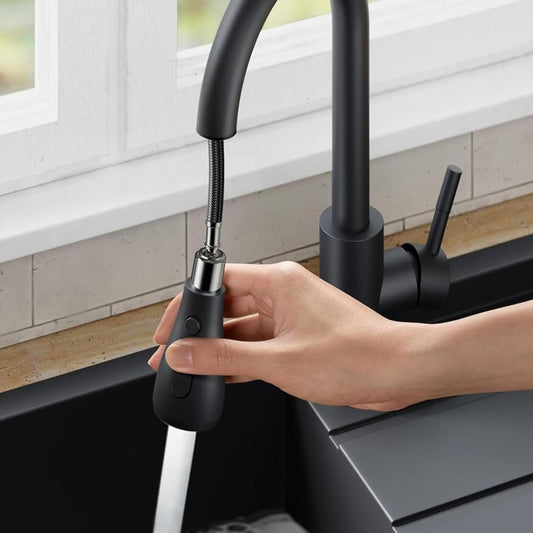 Fossa Kitchen Sink Mixer Tap with Pull Down Sprayer, Single Handle High Pull Out Kitchen Taps, Single Level Stainless Steel Black ( Light Weight )