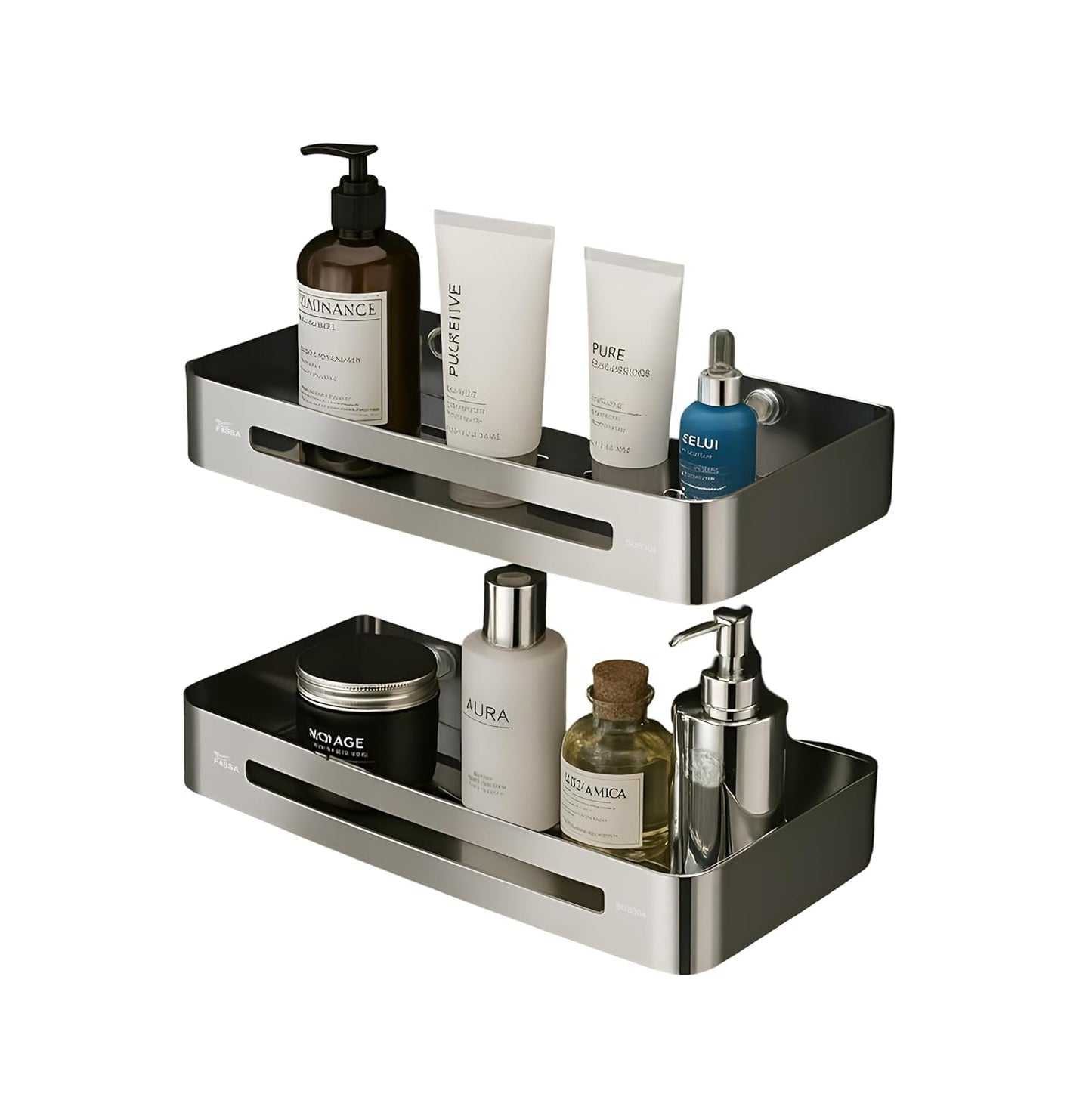 FOSSA Stainless Steel Bathroom Shelf/Kitchen Shelf/Bathroom Shelf and Rack/Wall Storage Shelf/Bathroom Accessories (Silver) 2 Set