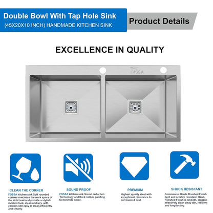 Double Bowl Handmade Stainless Steel Kitchen Sink With Tap Hole
