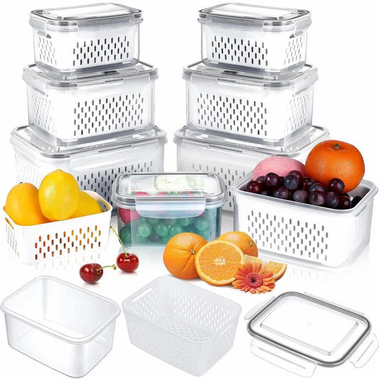 Airtight Fridge Containers with Drain Basket & Lid | Pack of 3 (White)