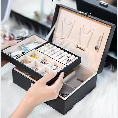 Black PU Leather Jewellery Box – Double Layer Travel Organizer for Rings, Earrings, Necklaces & Bracelets