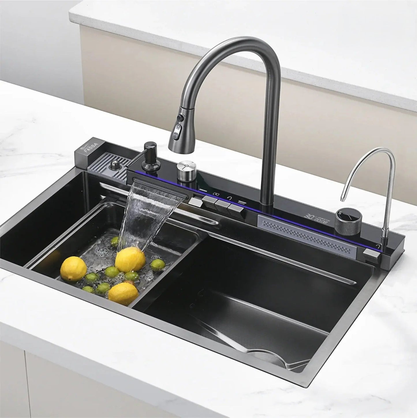 Fossa Fully Equipped Kitchen Sink with Integrated Waterfall and Pull-down Faucets