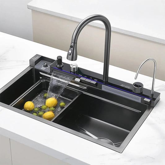 Fossa Fully Equipped Kitchen Sink with Integrated Waterfall and Pull-down Faucets