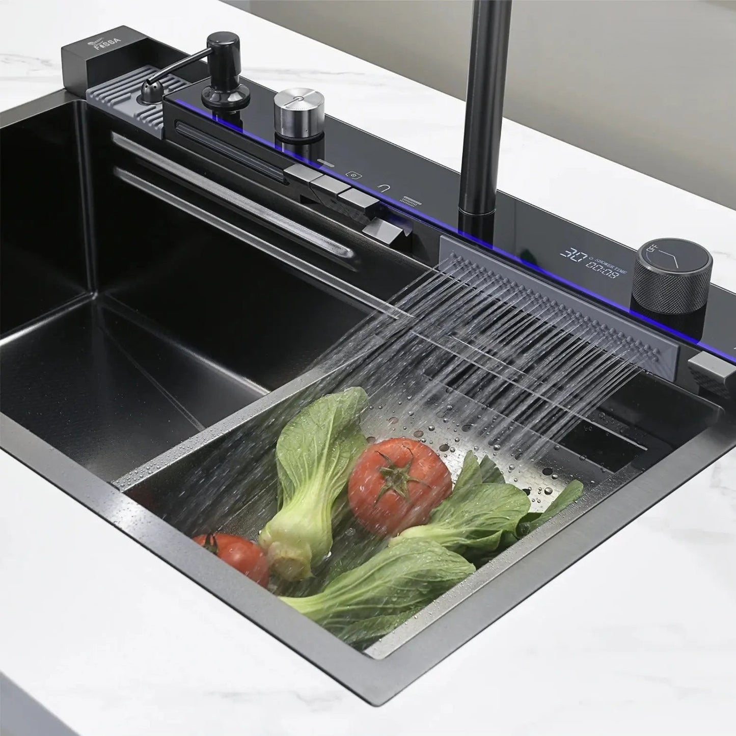 Fossa Fully Equipped Kitchen Sink with Integrated Waterfall and Pull-down Faucets