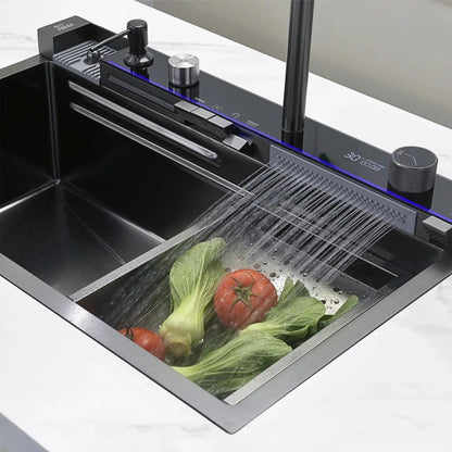 Fossa Fully Equipped Kitchen Sink with Integrated Waterfall and Pull-down Faucets