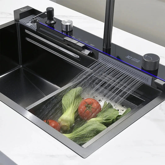 Fossa Fully Equipped Kitchen Sink with Integrated Waterfall and Pull-down Faucets