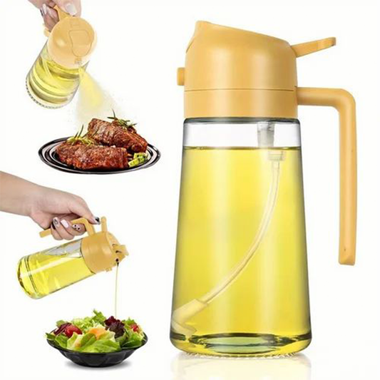 Yellow oil dispenser being used to drizzle oil over food on a white background