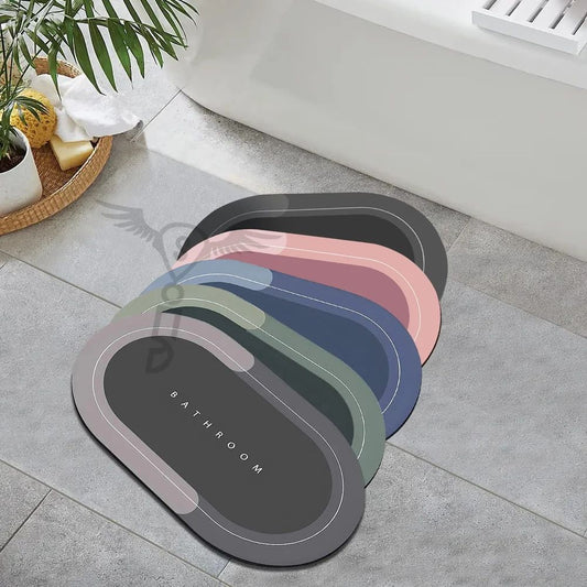 Set of colorful bath mats labeled 'Bathroom' on a tiled floor.