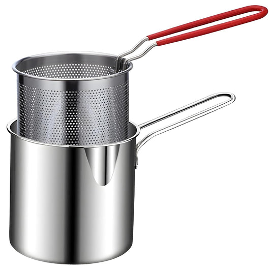Stainless Steel Deep Frying Pot with Strainer – 1200ml Frying Pan with Handle & Basket
