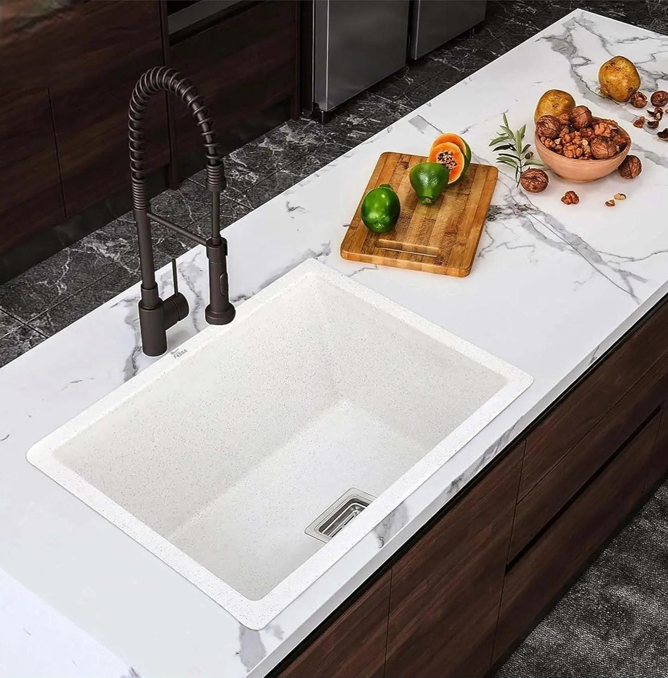 Fossa 18"x16"x09" Quartz Single Bowl Kitchen Sink | White Non-fading Colour with UV Protection | Natural Stone Quartz/Granite Sink with Sink Coupling, Waste Pipe & Strainer Basket